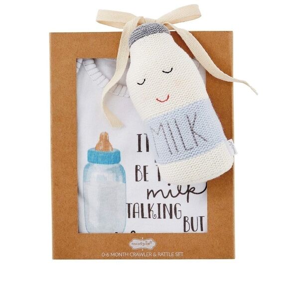 Mudpie 0-6 mos “Milk” Crawler - 2 Piece Set with Crochet Milk Bottle Rattle - Picture 2 of 7